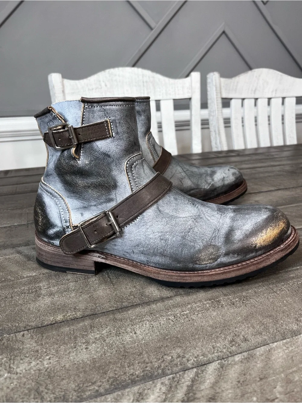 Freebird Railroad Rugged Men's Gray Leather Buckle Zipper Distressed Boots 10
